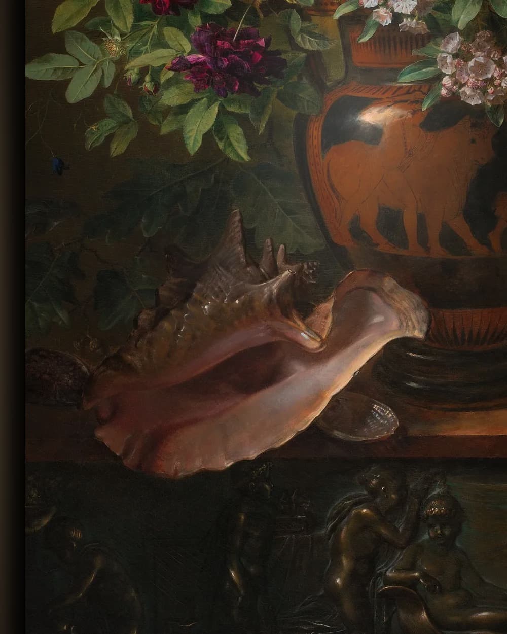 Materiaal en afwerking van Stilleven met bloemen in een Griekse vaas: allegorie op de lente in het wisselframe