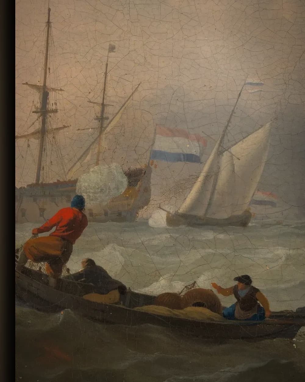 Materiaal en afwerking van Woelige zee met een Nederlands jacht in het wisselframe