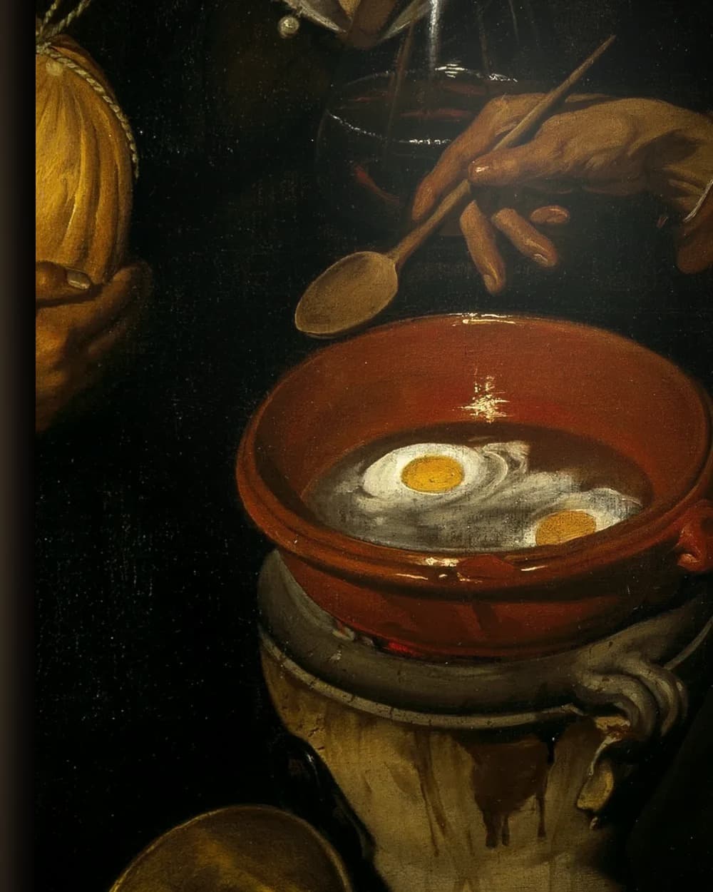 Materiaal en afwerking van Oude Vrouw die Eieren Bakt in het wisselframe