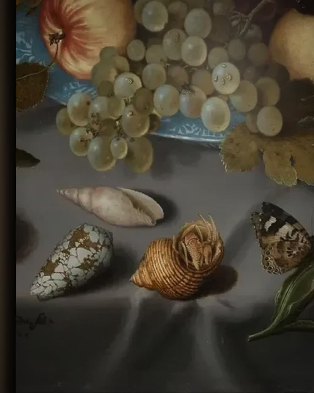 Materiaal en afwerking van Stilleven met vruchten en bloemen in het wisselframe