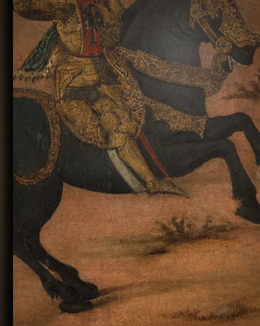 Materiaal en afwerking van Legende van een ridder, koppaneel van een cassone in het wisselframe