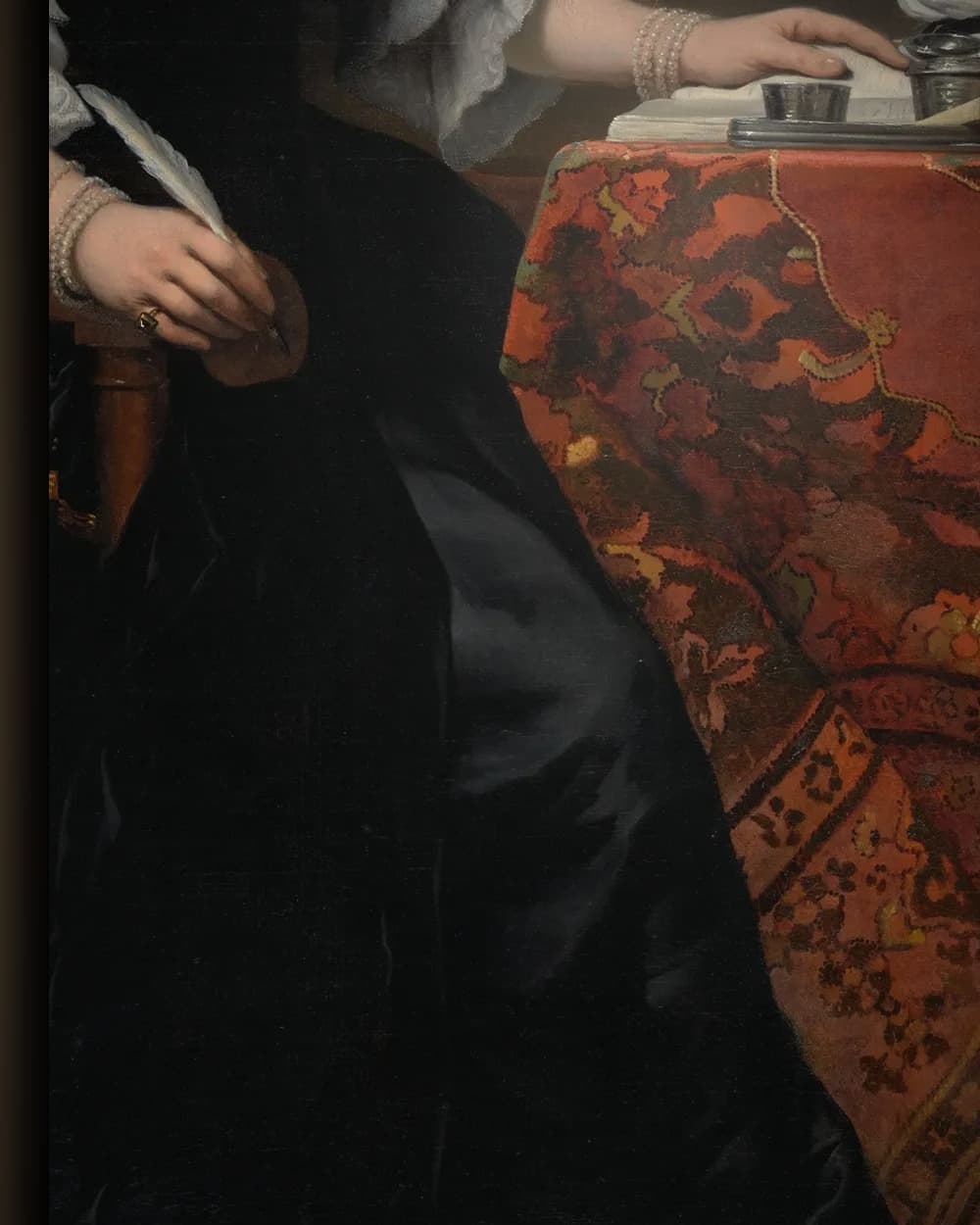 Materiaal en afwerking van Drie regentessen van het Leprozenhuis te Amsterdam, 1668 in het wisselframe