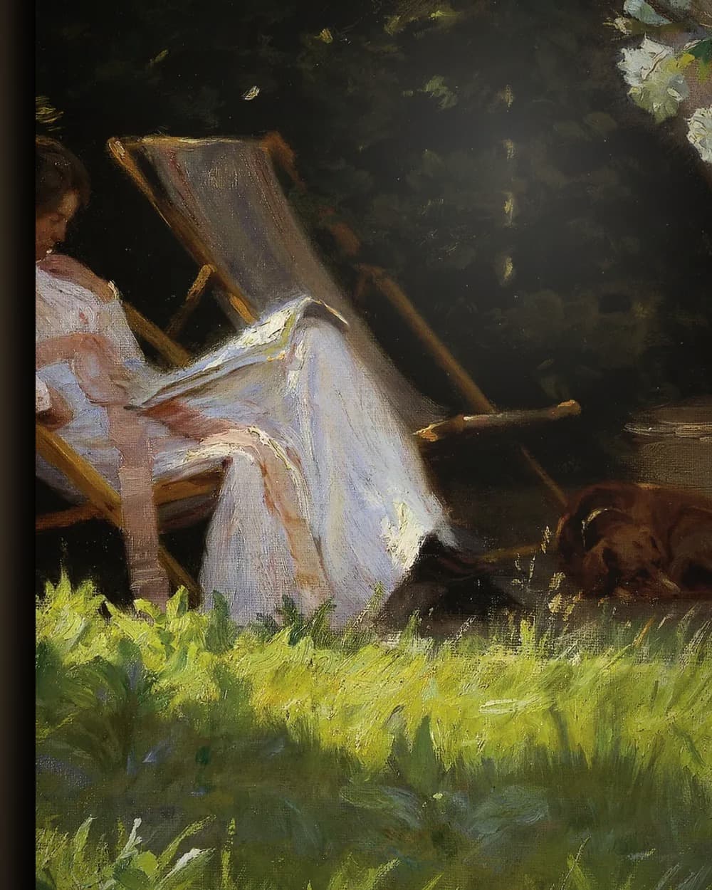 Materiaal en afwerking van Rozen, Marie Krøyer in de tuinstoel in het wisselframe