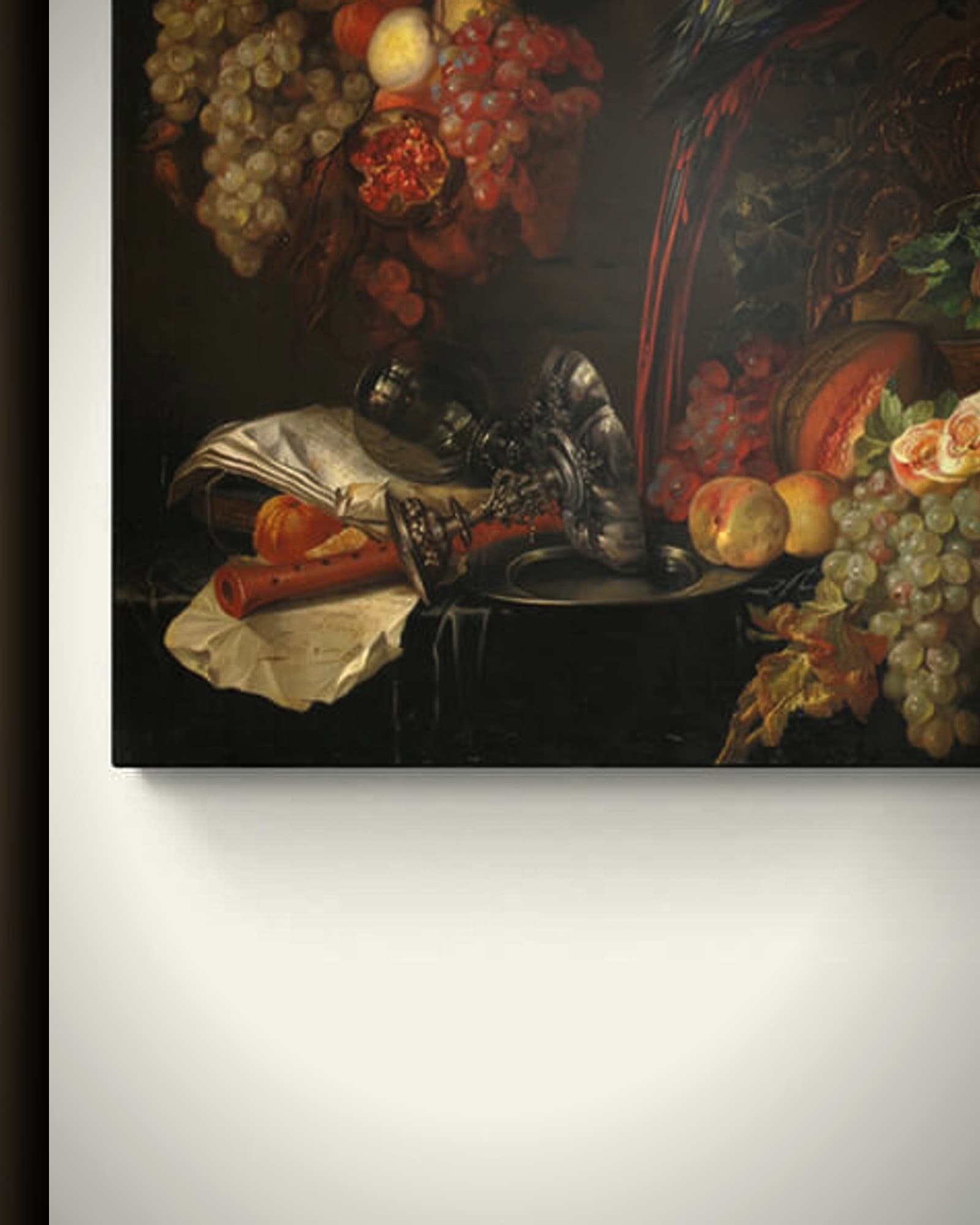 Materiaal en afwerking van Stilleven met Fruit, Oesters en een Papegaai in het wisselframe