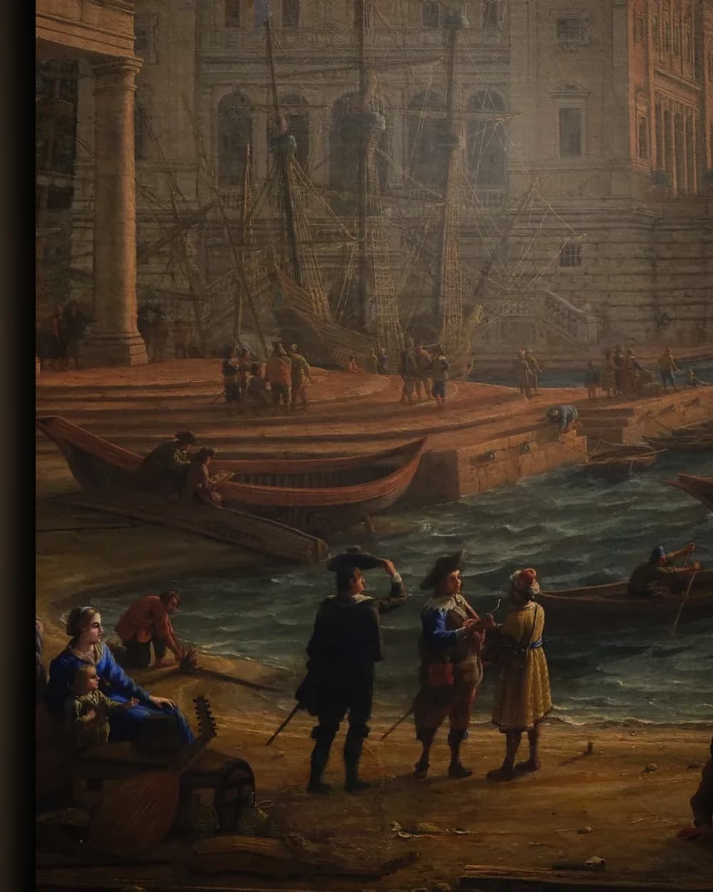 Materiaal en afwerking van Zeehaven bij ondergaande zon (1639) in het wisselframe