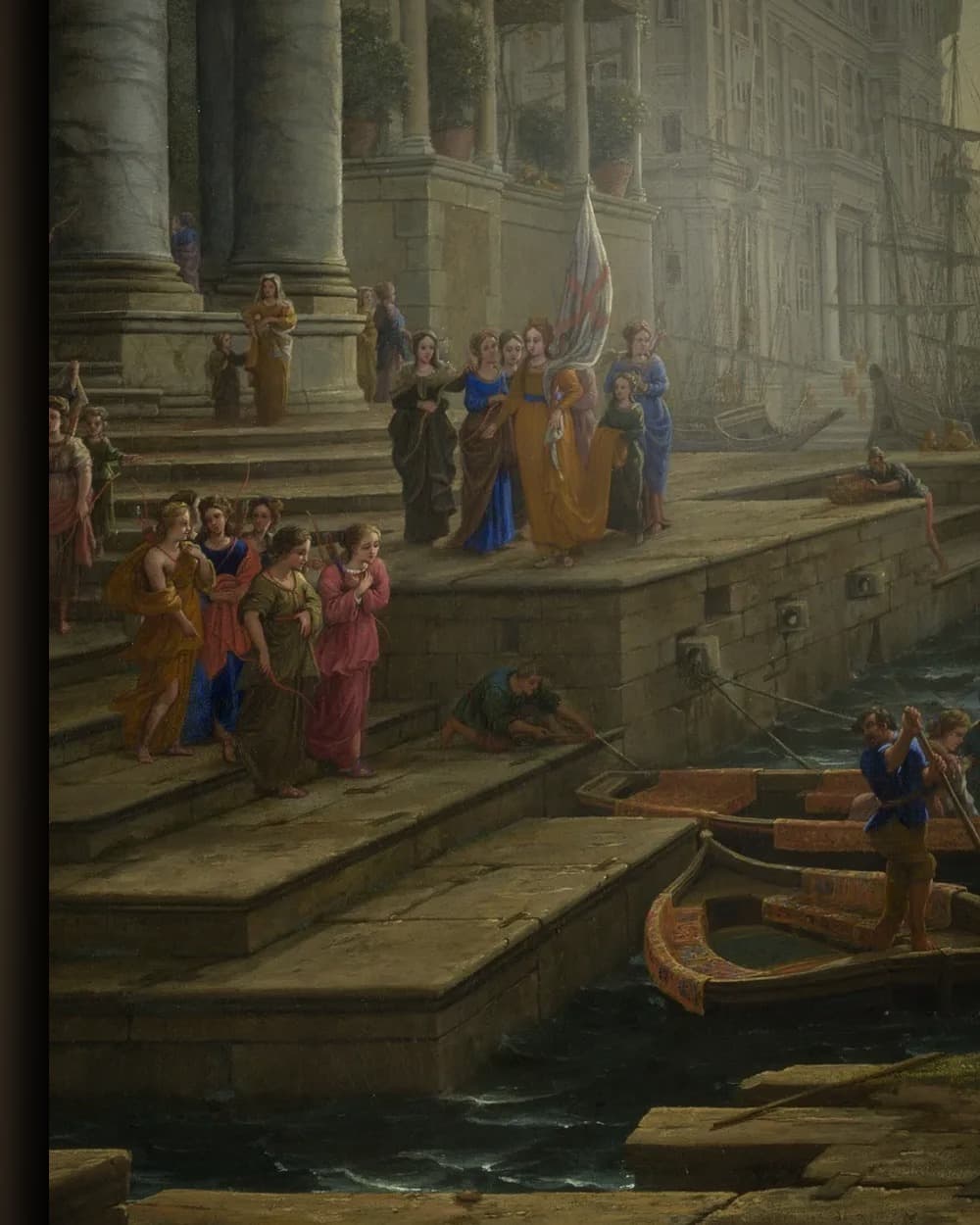 Materiaal en afwerking van Kustlandschap met het inschepen van Sint-Ursula in het wisselframe
