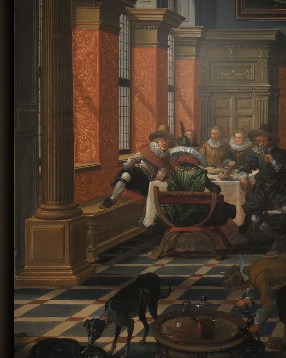 Materiaal en afwerking van Een gezelschap in een interieur in het wisselframe