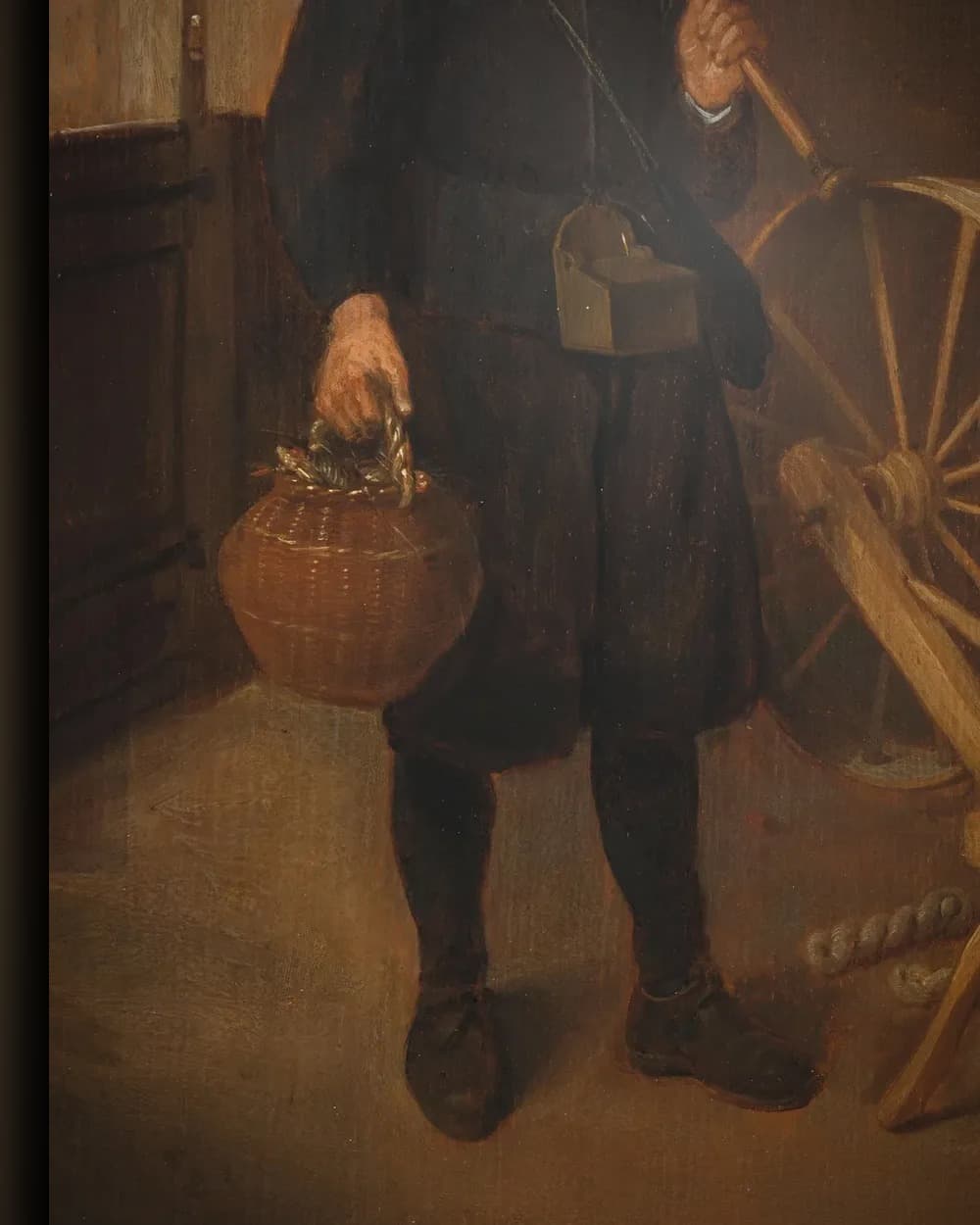 Materiaal en afwerking van Interieur met hengelaar en man bij spoelrad en haspel in het wisselframe