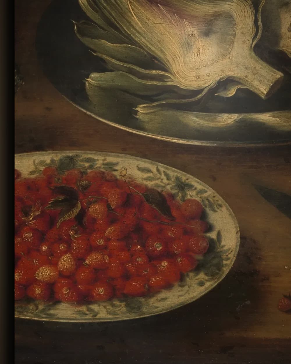 Materiaal en afwerking van Stilleven met artisjok en fruit in kraakporselein in het wisselframe