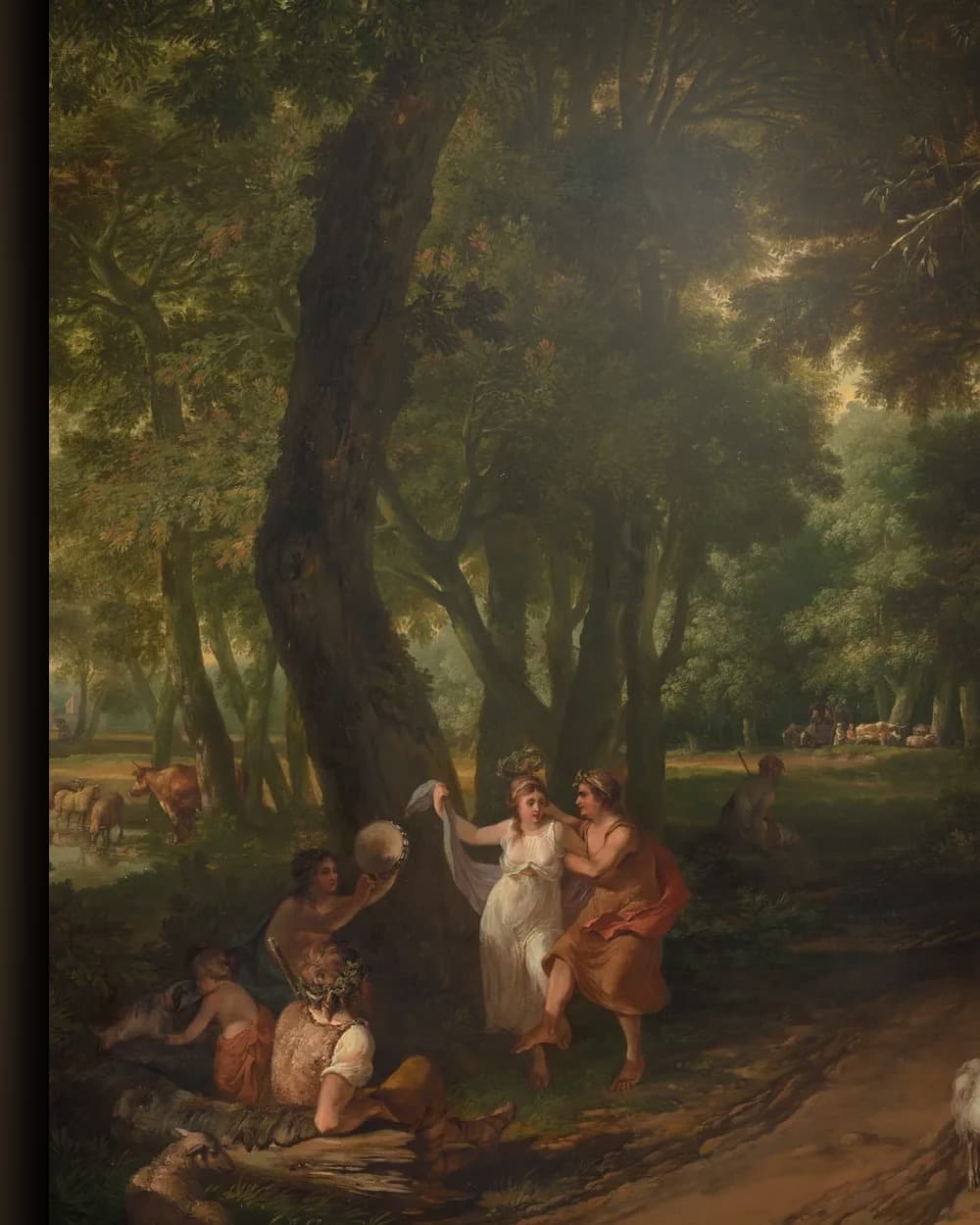 Materiaal en afwerking van Arcadisch landschap met musicerende en dansende herders in het wisselframe