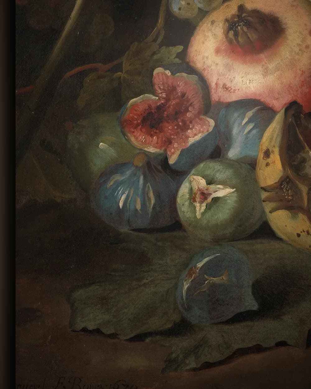 Materiaal en afwerking van Trossen druiven, granaatappels en vijgen in een landschap in het wisselframe