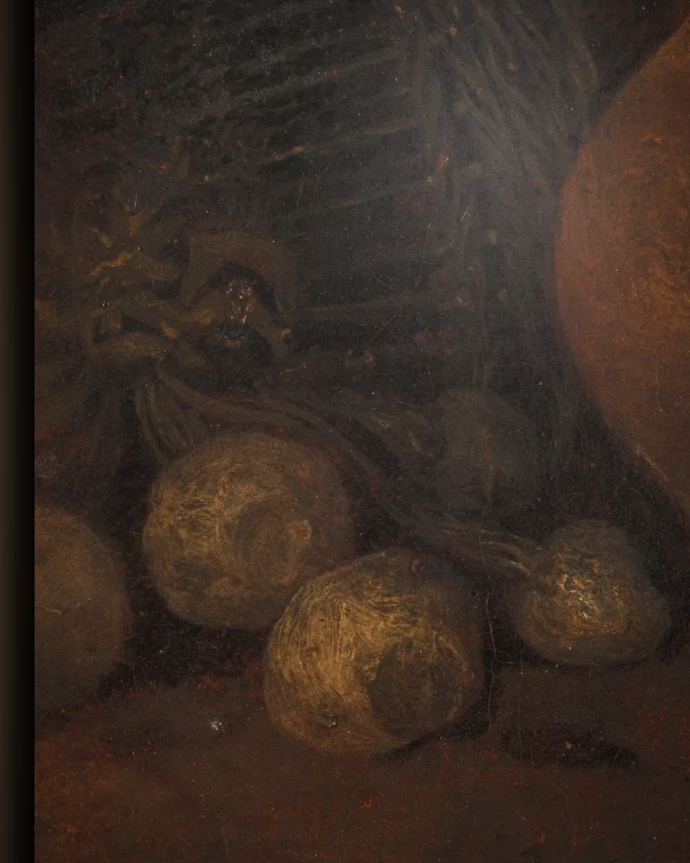 Materiaal en afwerking van Stilleven met vier vruchten, glas en aardewerk in het wisselframe