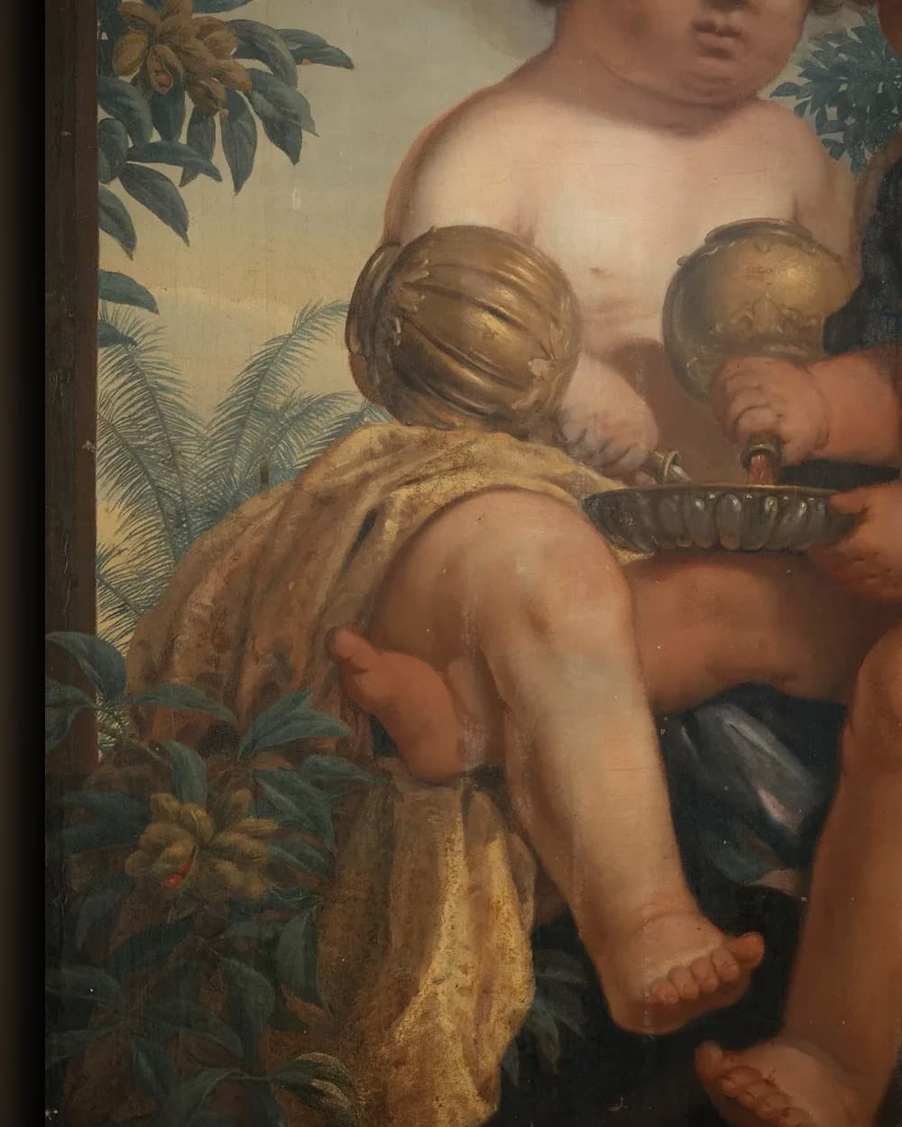 Materiaal en afwerking van Christelijke allegorie met twee kinderen die elk een karaf vasthouden in het wisselframe