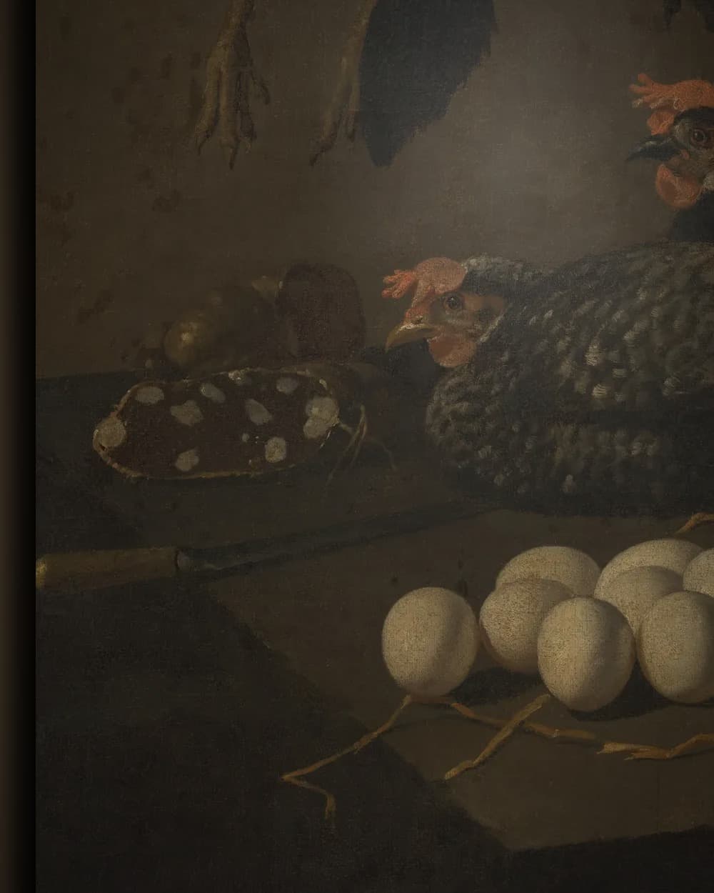 Materiaal en afwerking van Stilleven met kippen en eieren in het wisselframe