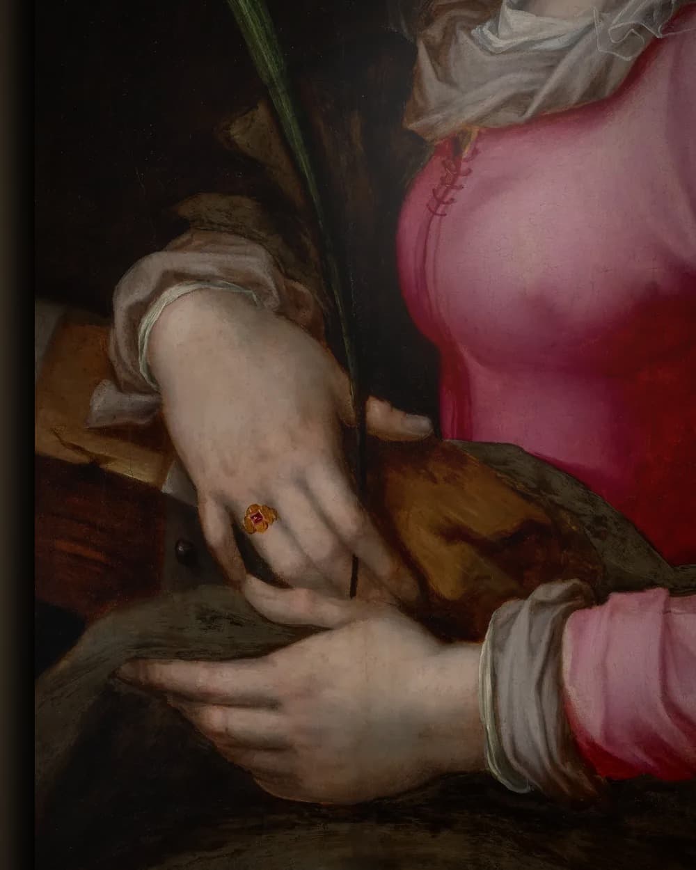 Materiaal en afwerking van Portret van een vrouw als de heilige Catharina in het wisselframe