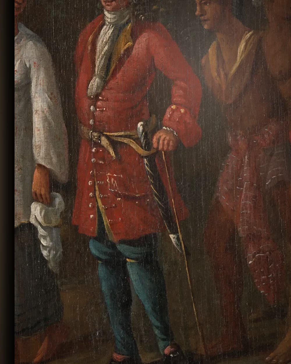 Materiaal en afwerking van Hollandse koopman met slaven in heuvellandschap in het wisselframe