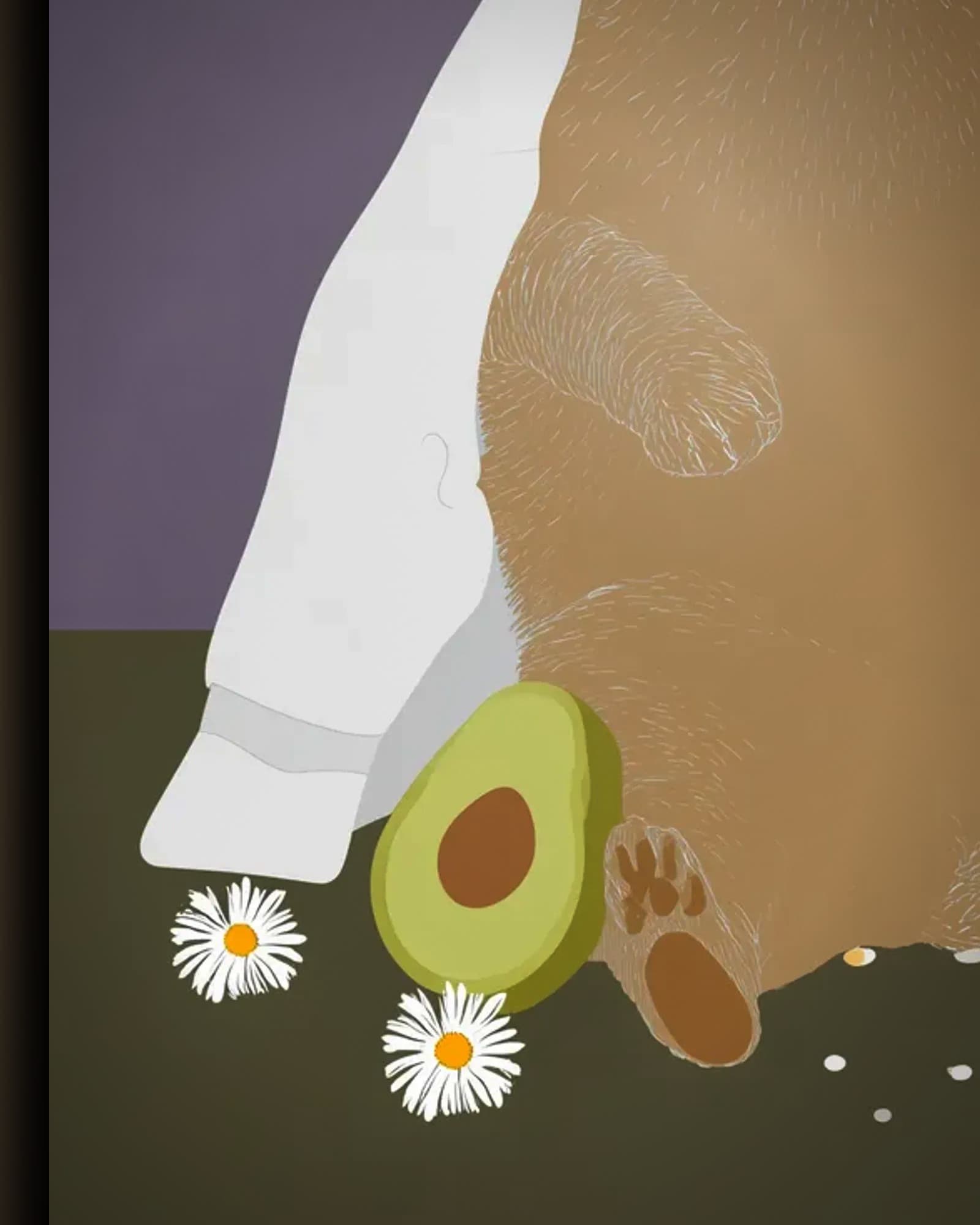 Materiaal en afwerking van Kat met avocado in het wisselframe