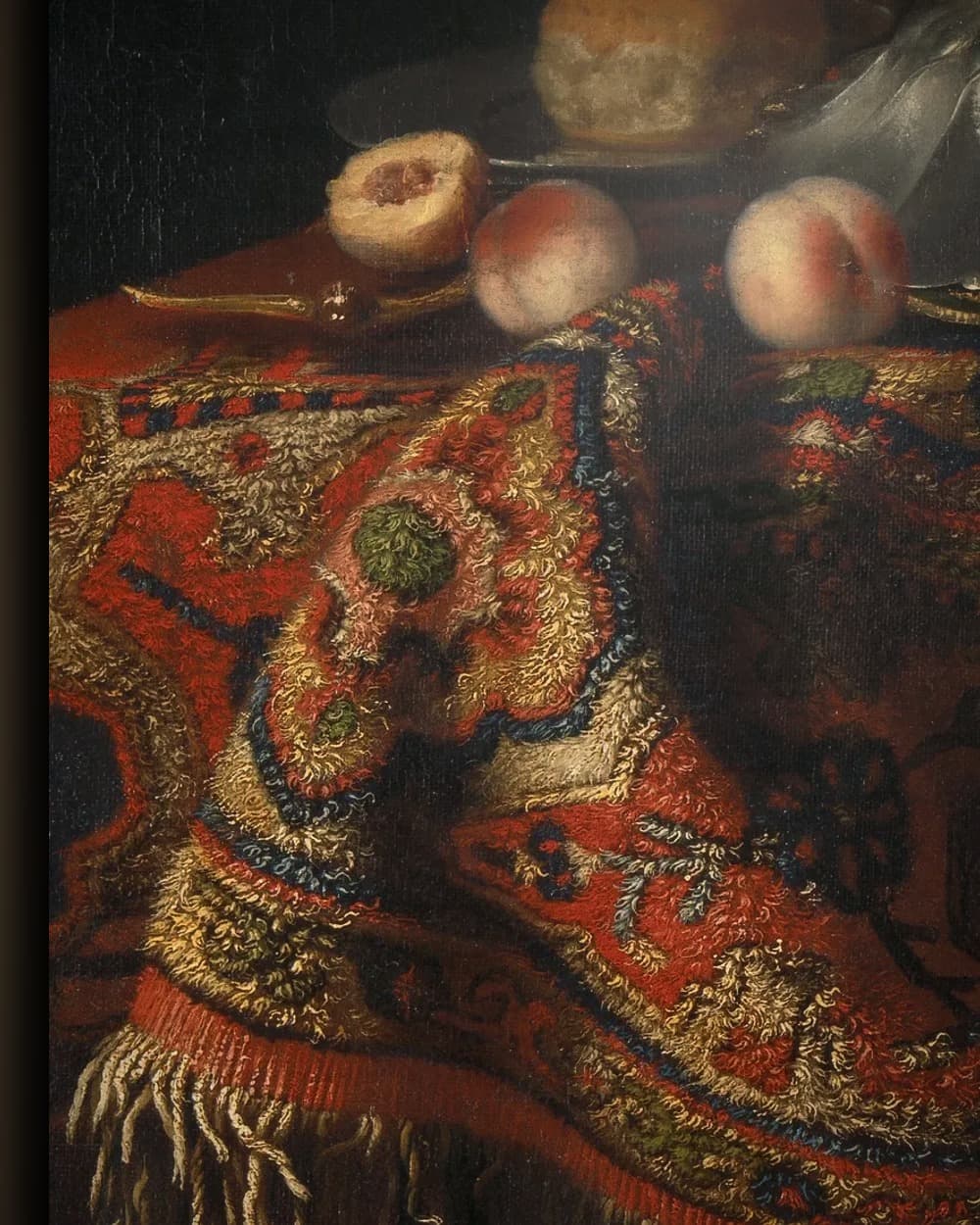 Materiaal en afwerking van Stilleven met fruit, borden en schalen op een Turks tapijt in het wisselframe