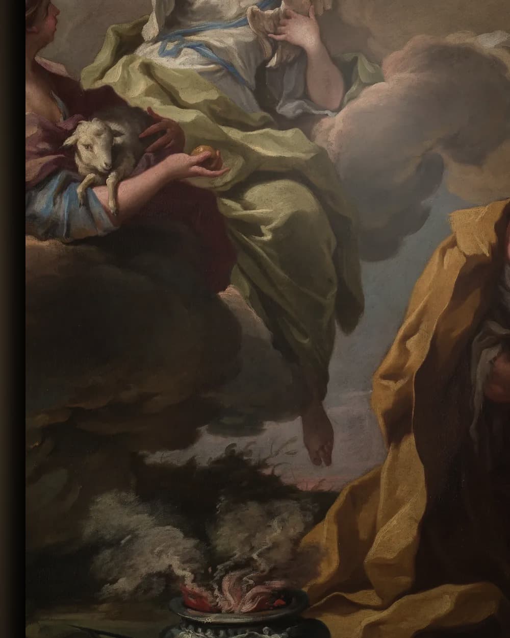 Materiaal en afwerking van Heiligen stellen een vrome vrouw voor aan Maria met kind in het wisselframe