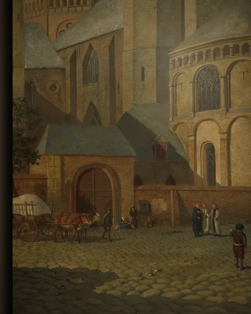 Materiaal en afwerking van Fantasiestadsgezicht met romaanse kerk in het wisselframe