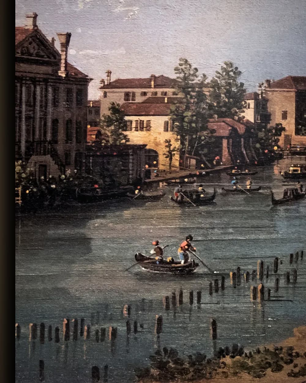 Materiaal en afwerking van Venetiaanse gracht met levendig tafereel in het wisselframe