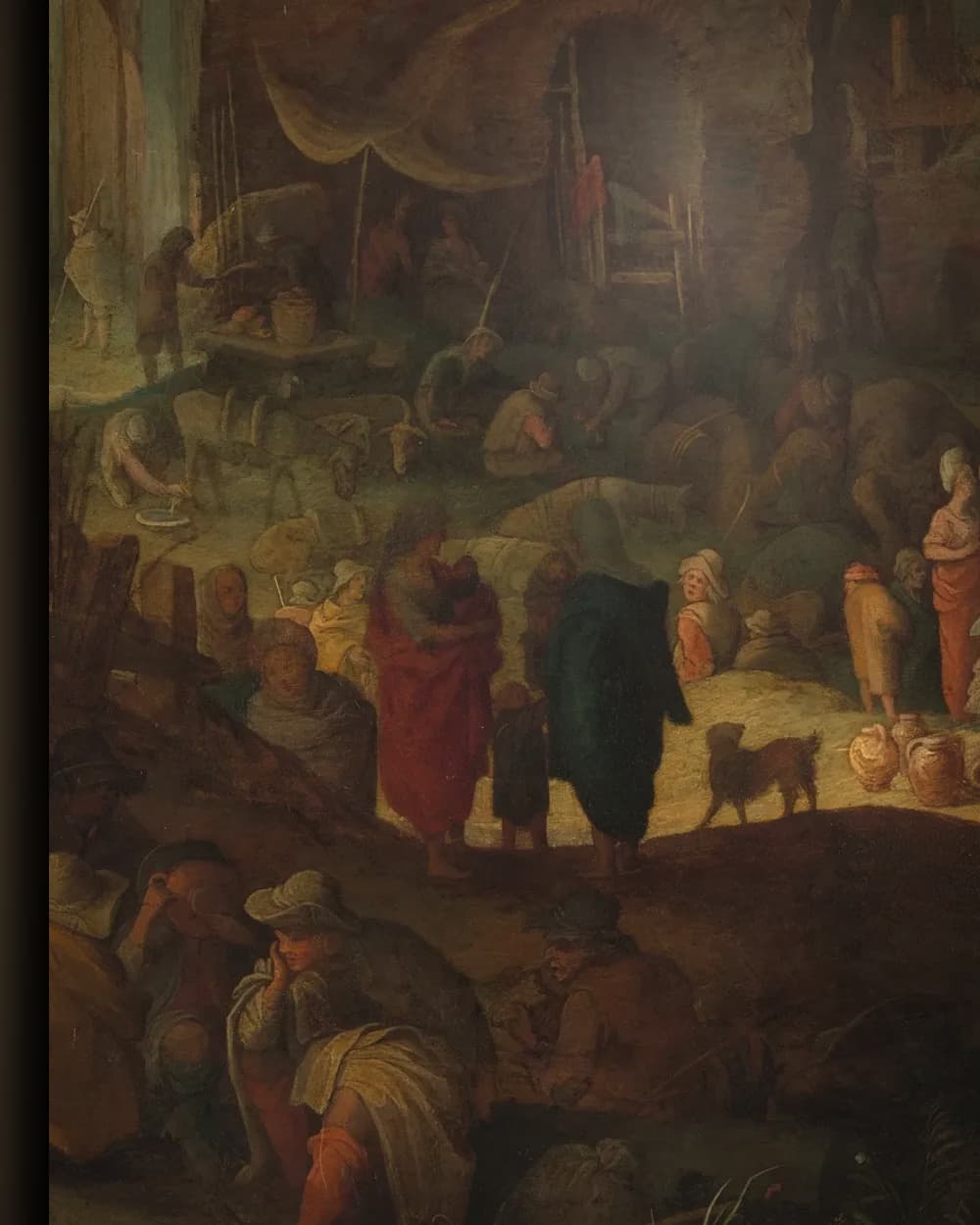 Materiaal en afwerking van Reizigers tussen Romeinse ruïnes met Rebekka en Eliëzer bij de bron in het wisselframe