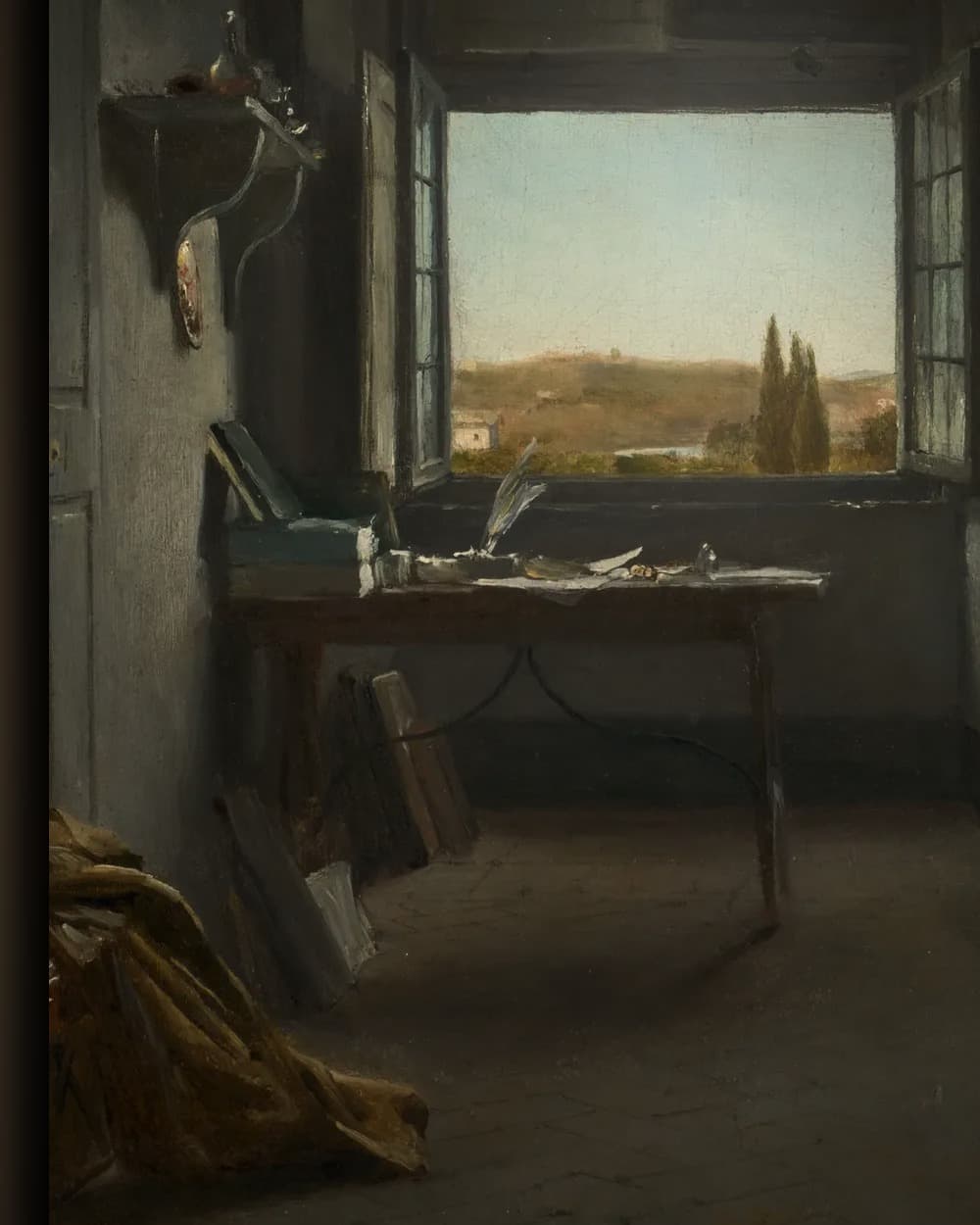 Materiaal en afwerking van De kunstenaar op zijn kamer in de Villa Medici, Rome in het wisselframe