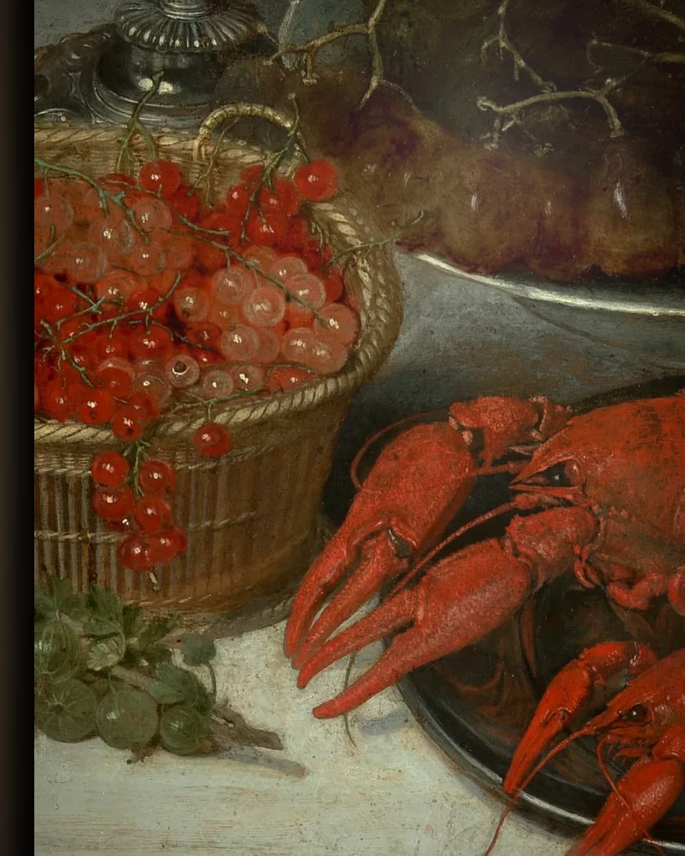 Materiaal en afwerking van Stilleven met fruit en kreeft in het wisselframe