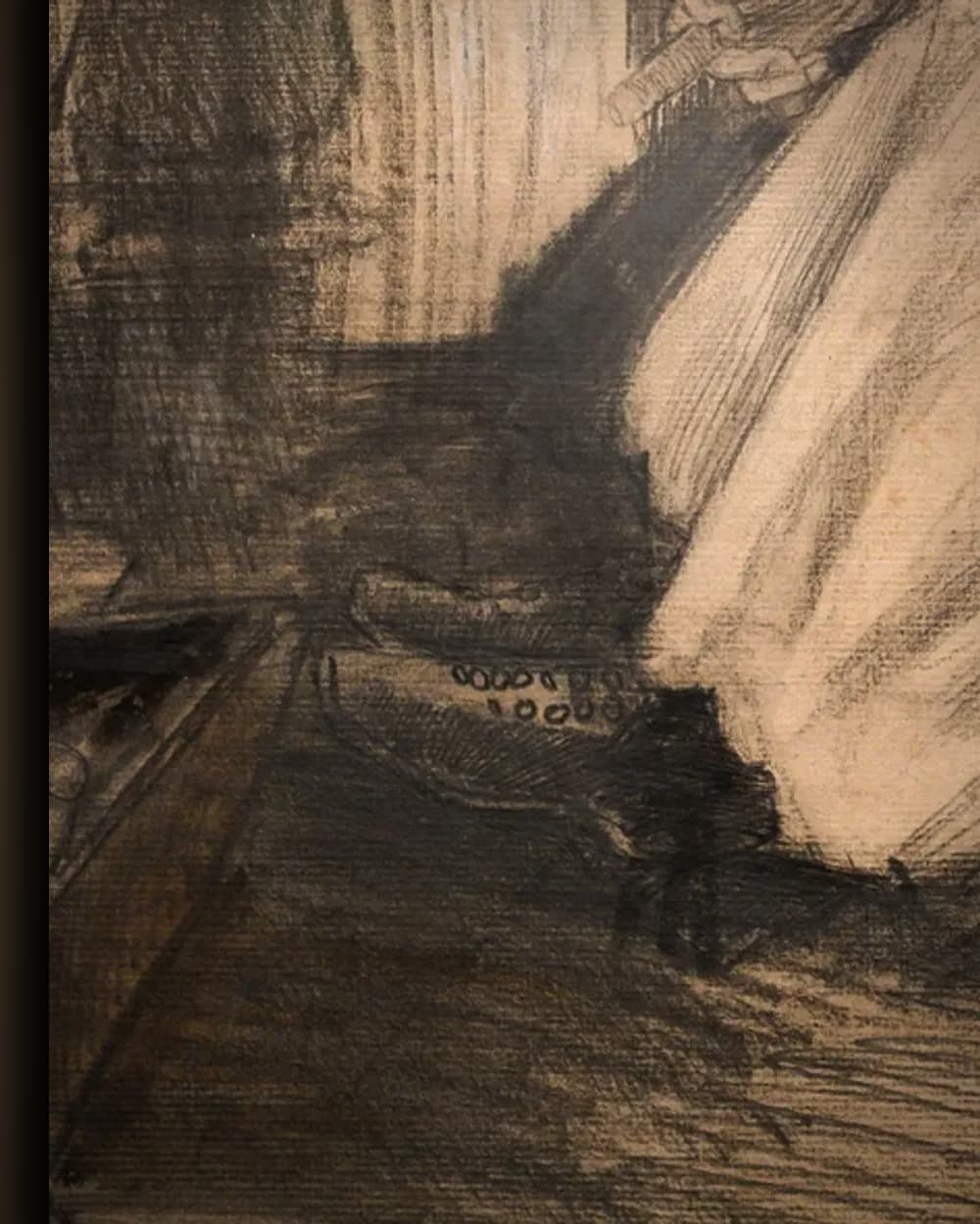 Materiaal en afwerking van Vrouw ('Sien') bij de kachel in het wisselframe