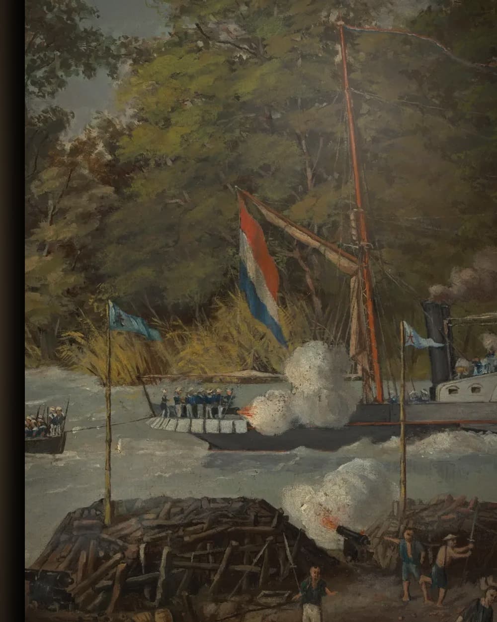 Materiaal en afwerking van Tafereel uit de Kongsi-oorlogen, West-Kalimantan 1853 in het wisselframe