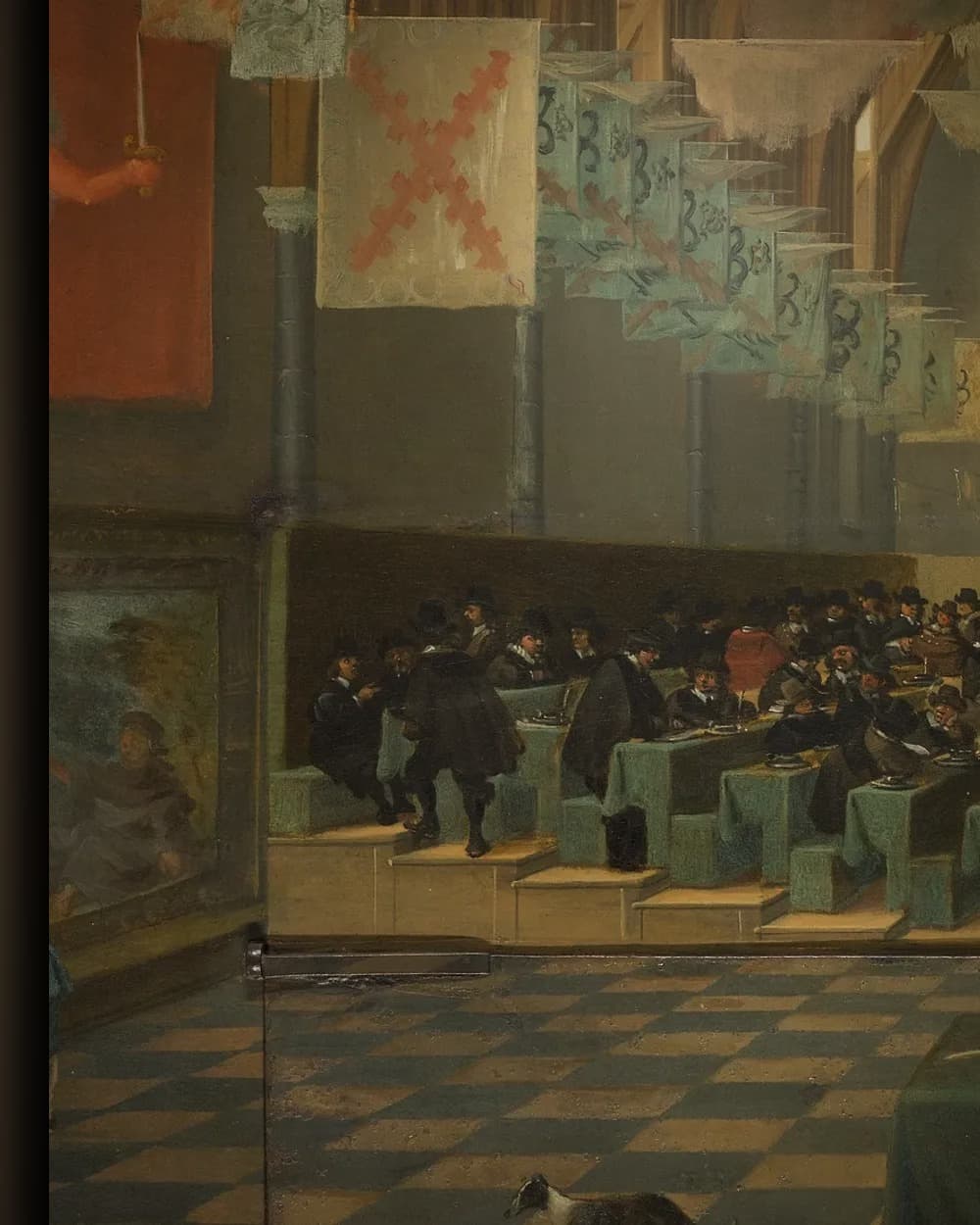 Materiaal en afwerking van De Grote Zaal op het Binnenhof, Den Haag, tijdens de Grote Vergadering in het wisselframe