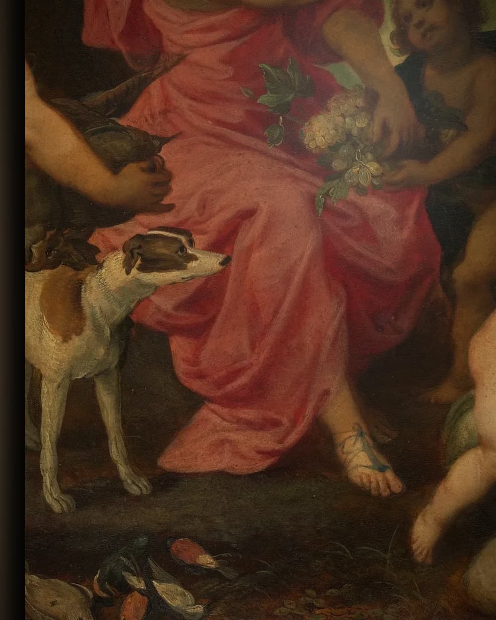 Materiaal en afwerking van Diana krijgt wijn en fruit aangeboden door Bacchus en zijn gevolg in het wisselframe