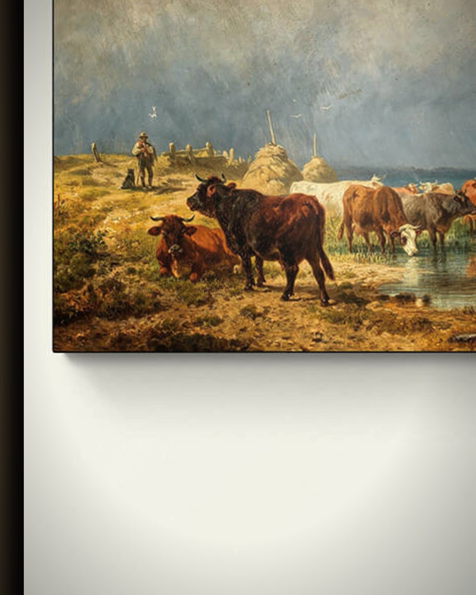 Materiaal en afwerking van Een kudde vee bij een meer (1872) in het frame