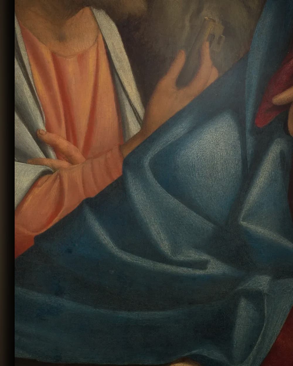 Materiaal en afwerking van Madonna met kind, de kleine Johannes de Doper en de heiligen Petrus en Antonius in het wisselframe