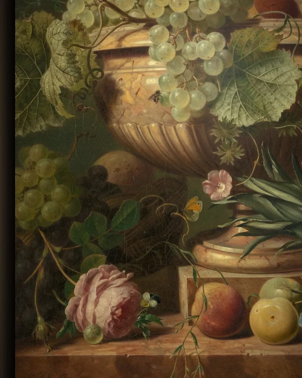 Materiaal en afwerking van Stilleven met bloemen en fruit in het wisselframe