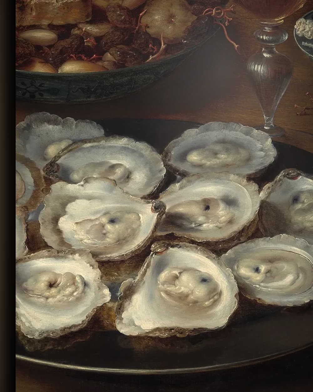 Materiaal en afwerking van Schotels met oesters, fruit en wijn in het wisselframe