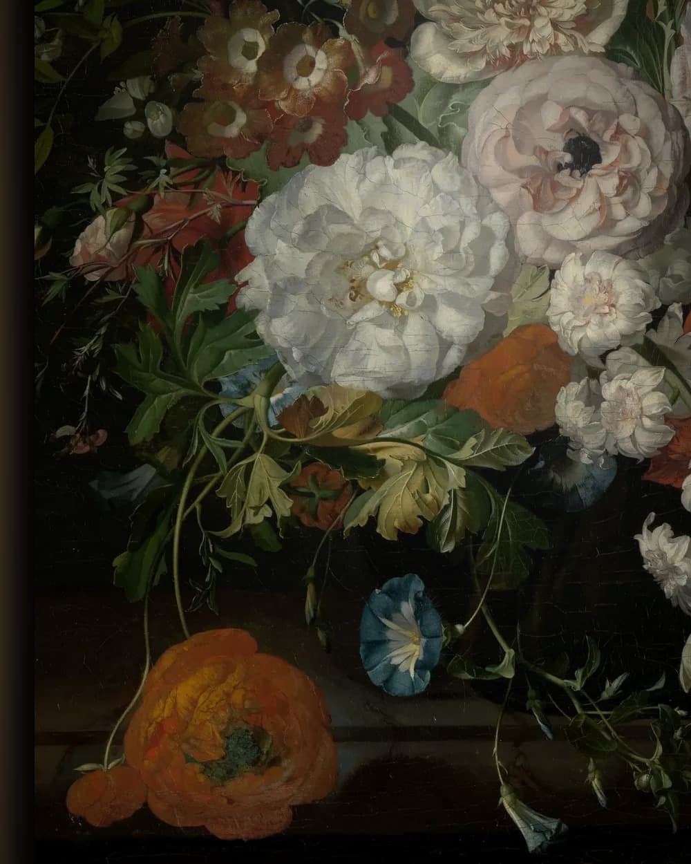 Materiaal en afwerking van Stilleven met bloemen op een marmeren tafelblad in het wisselframe