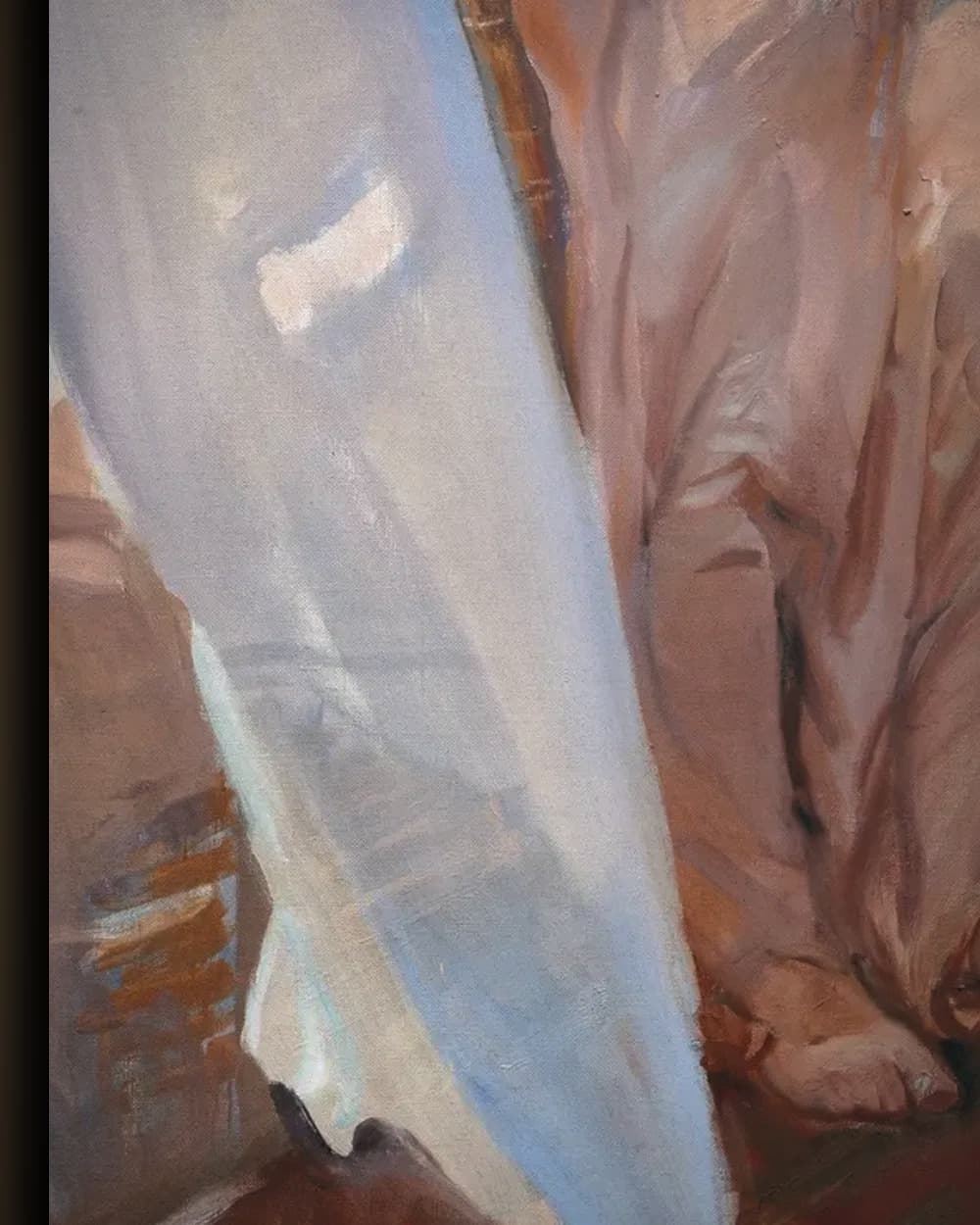 Materiaal en afwerking van Het roze gewaad, na het bad in het wisselframe
