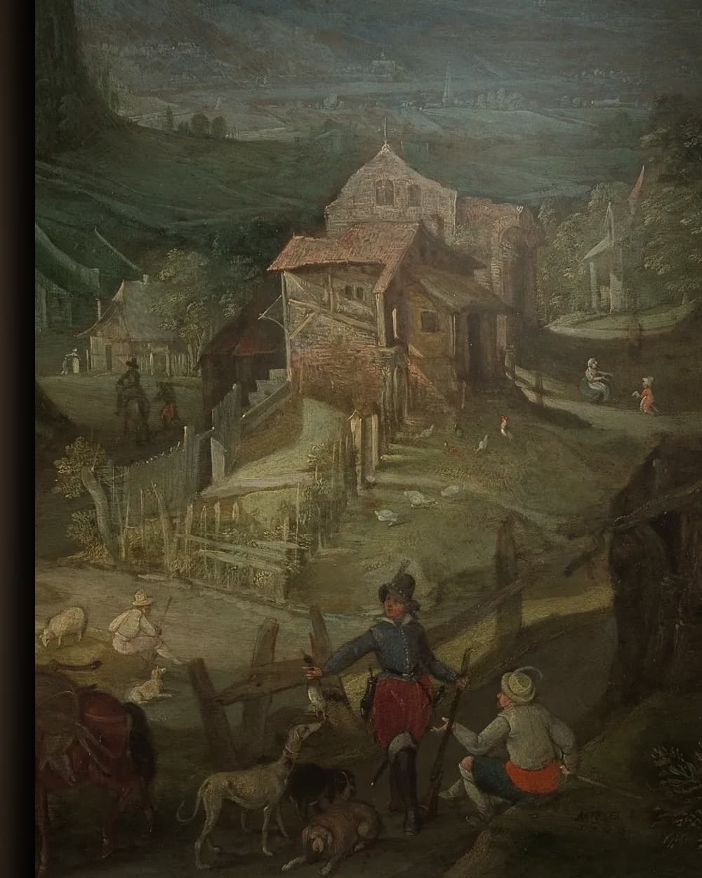 Materiaal en afwerking van Jager en ruiters op een bosweg met een dorp in een dal in het wisselframe