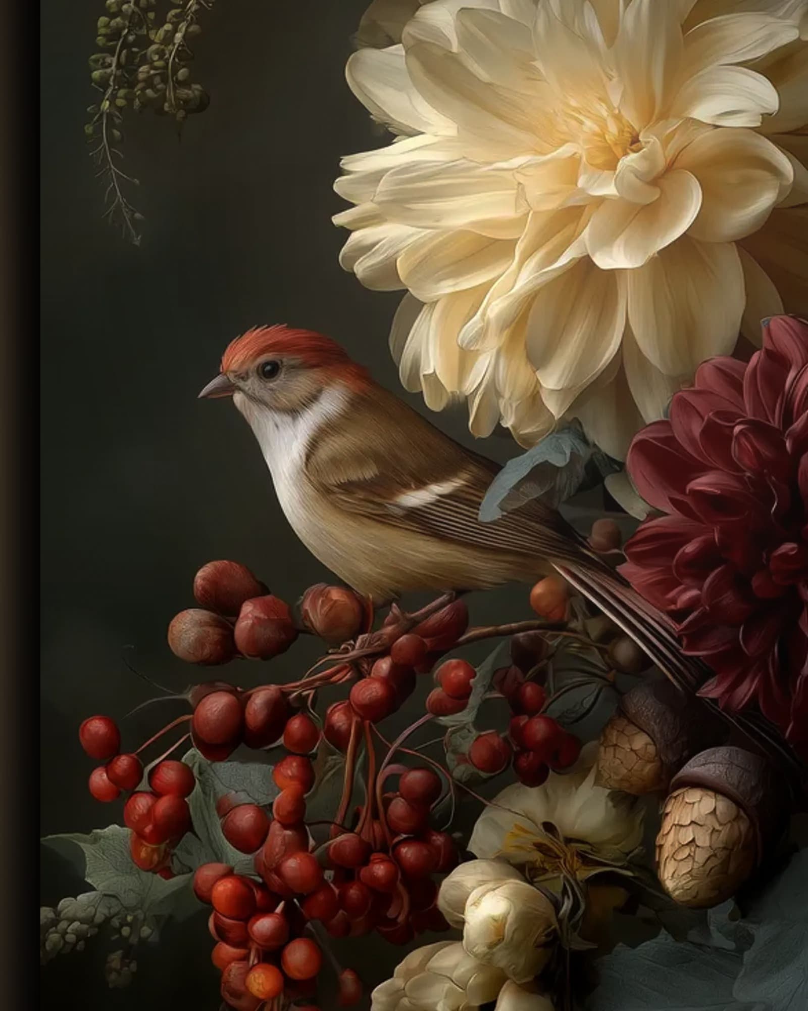 Materiaal en afwerking van Herfstboeket met mussen in het wisselframe