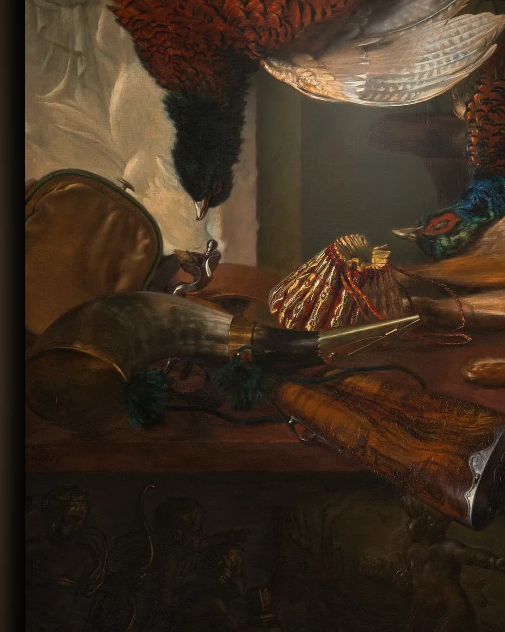 Materiaal en afwerking van Stilleven met jachtbuit en Griekse stèle: allegorie op de herfst in het wisselframe