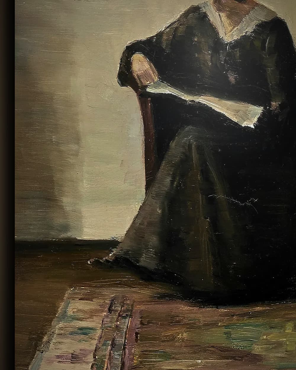 Materiaal en afwerking van Interieur met lezende vrouw bij het venster in het wisselframe