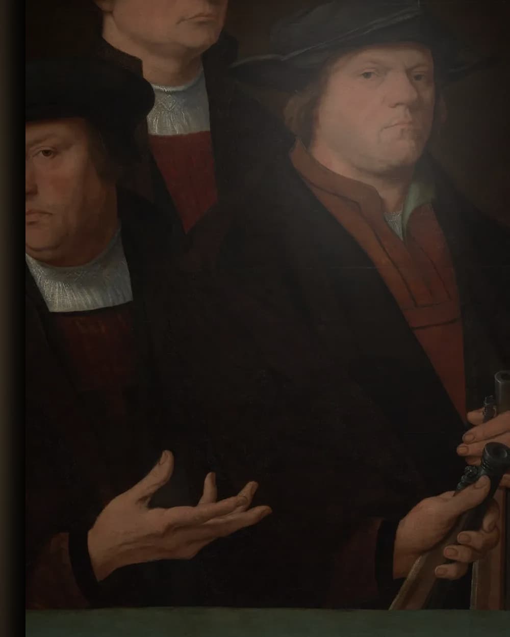 Materiaal en afwerking van Een groep schutters, 1529 in het wisselframe