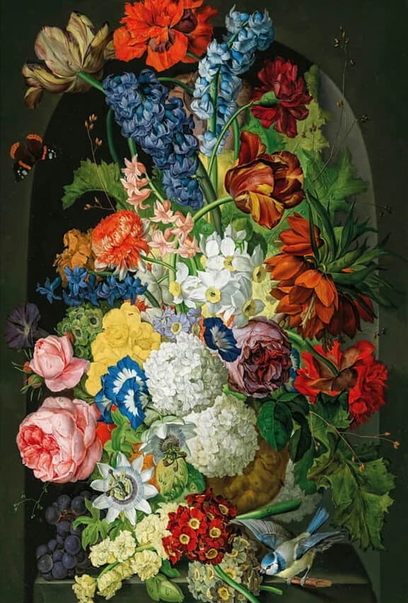 Blumenstück mit Schmetterling und Blaumeise
