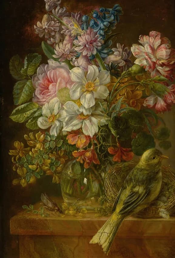 Stilleven met bloemen en dieren