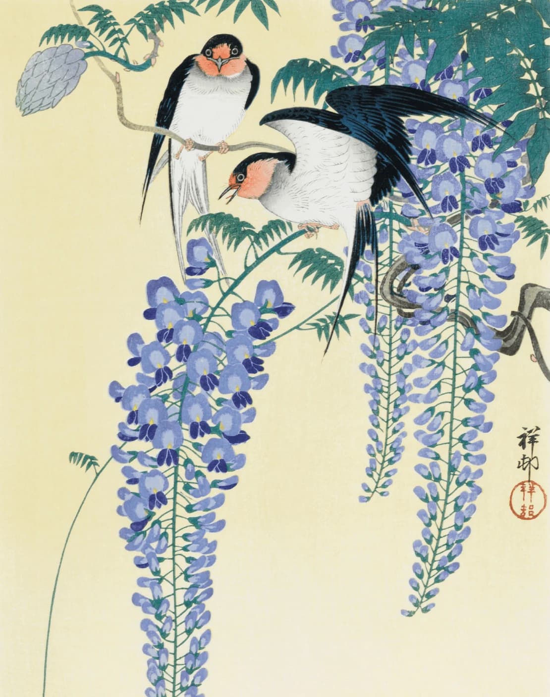 Zwaluwen dans in de Wisteria-bloesem" – Ohara Koson