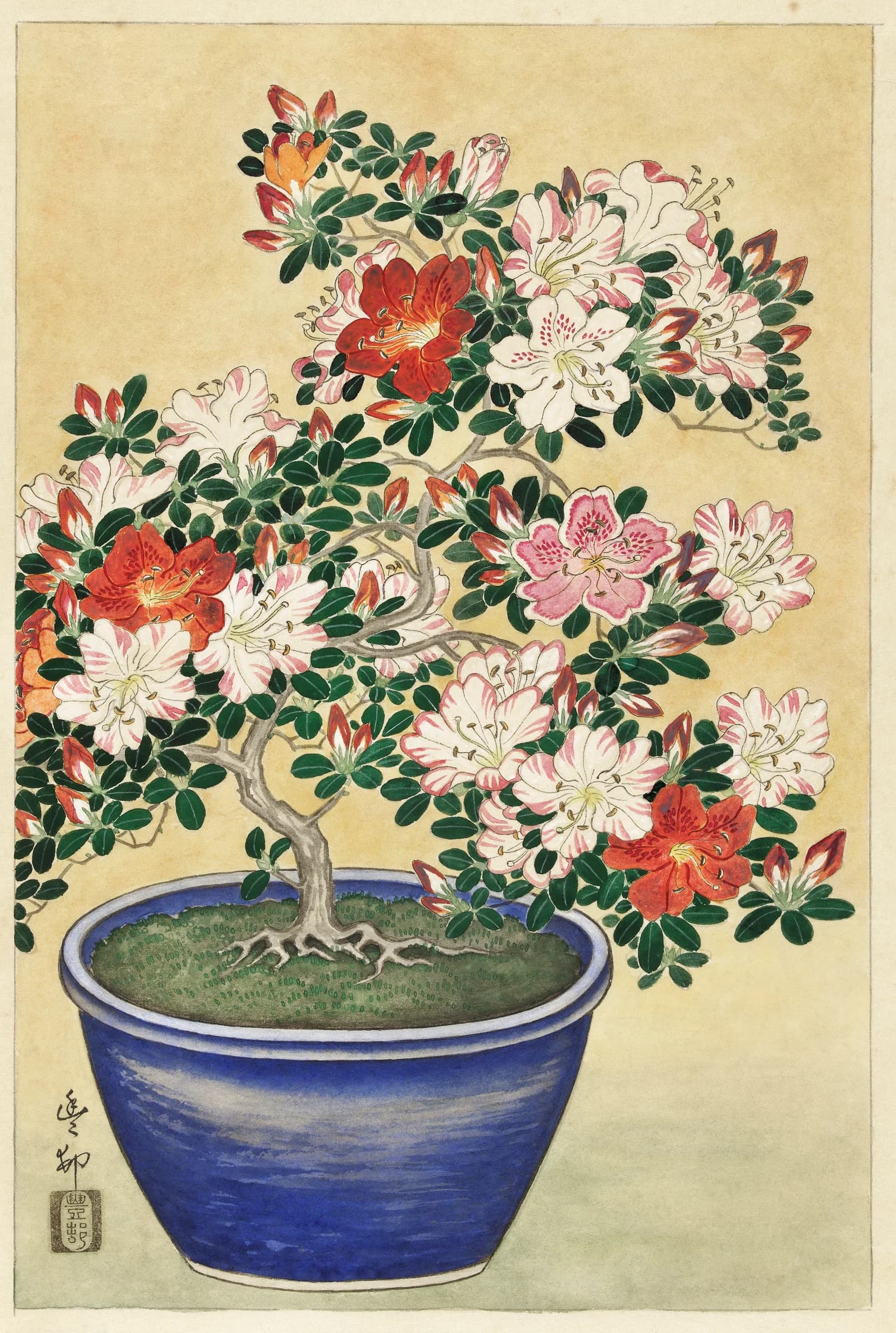 Bloeiende azalea in blauwe pot – Ohara Koson