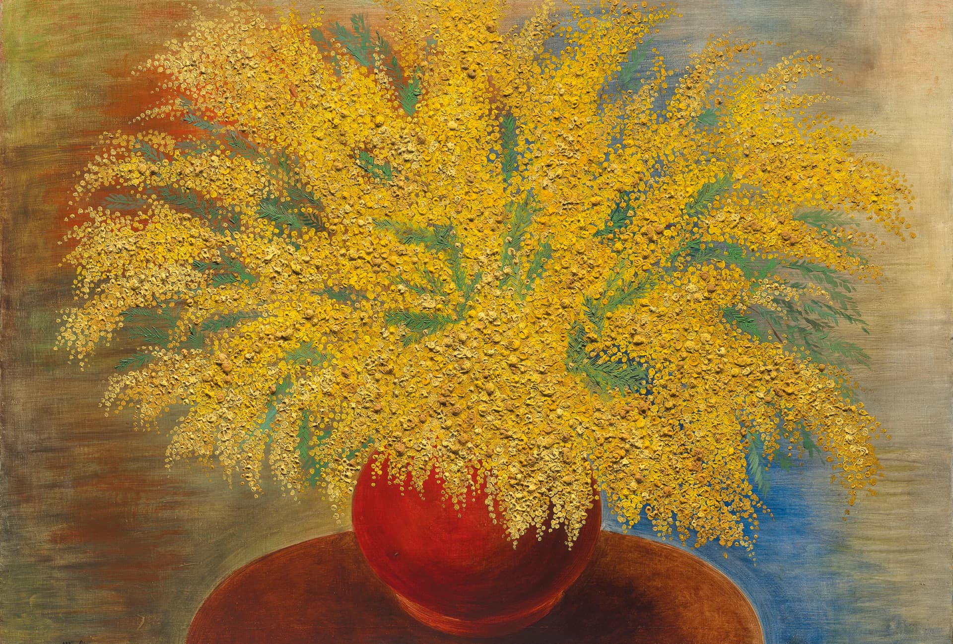 Boeket mimosas in rode pot – Moïse Kisling