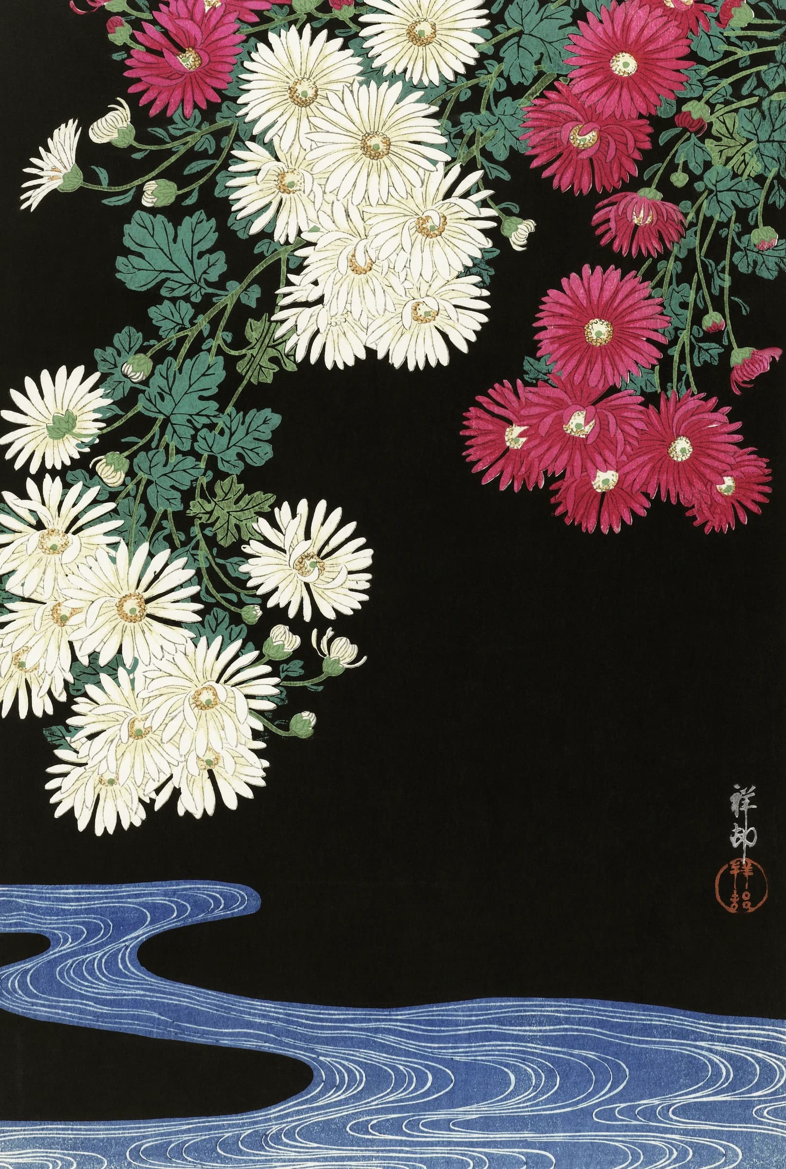Chrysanten en stromend water – Ohara Koson
