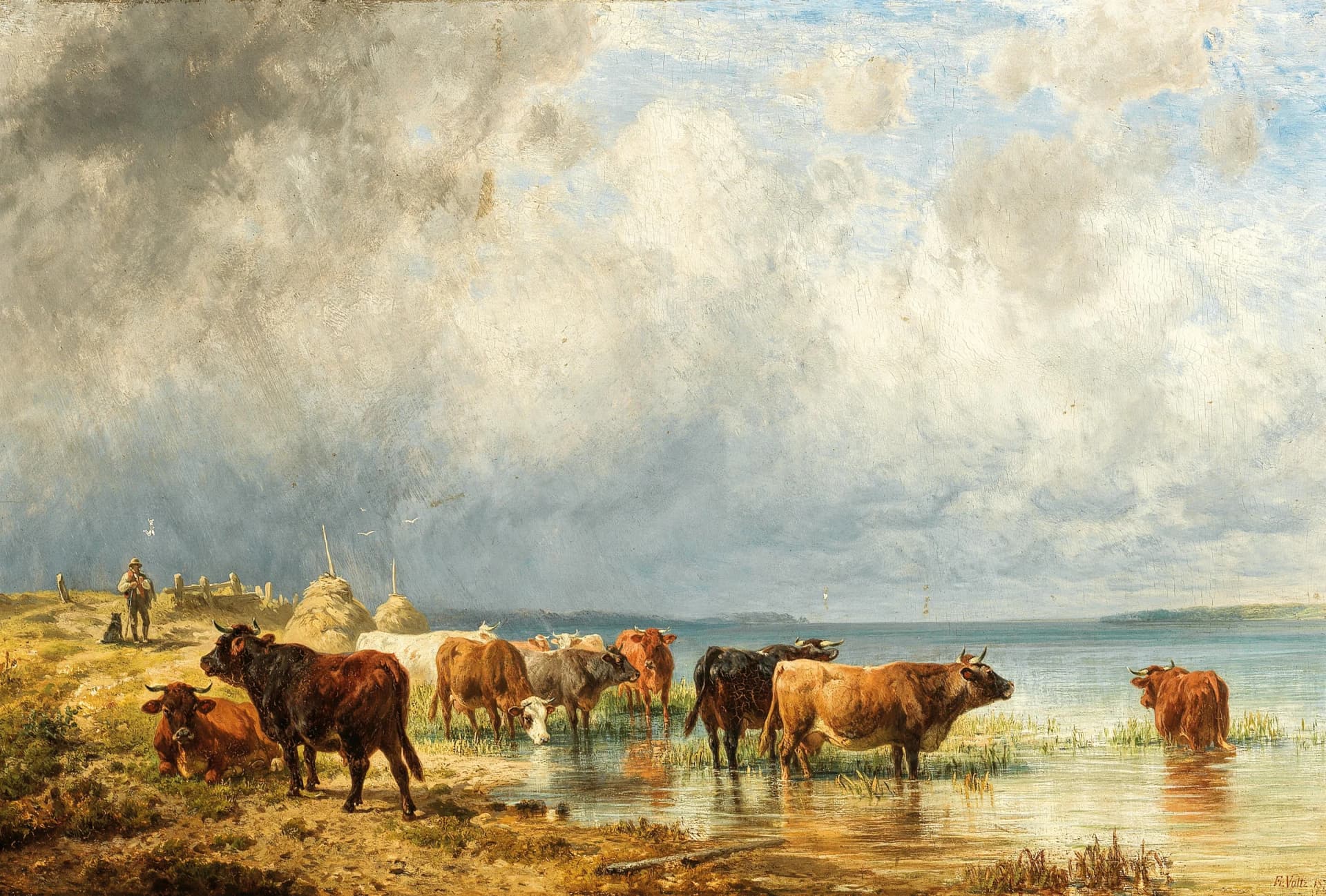Een kudde vee bij een meer (1872) – Friedrich Voltz